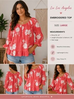 Liv Los Angeles Coral Pink Embroidered Peasant Blouse